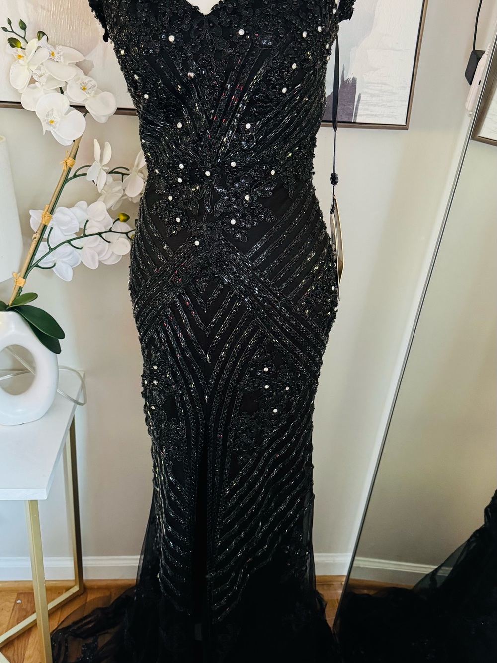 Black Beaded Mermaid Prom Gown